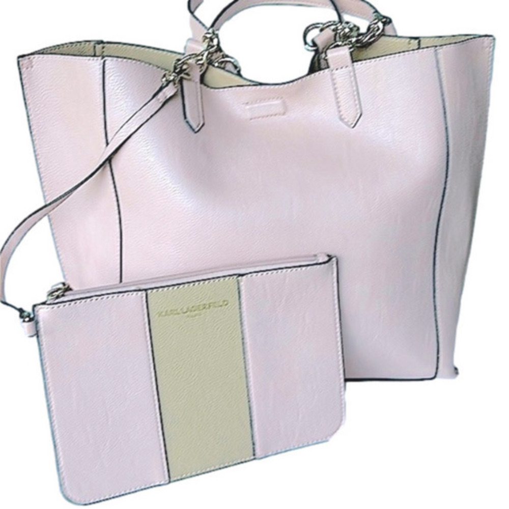 Karl Lagerfeld Vegan Leather REVERSIBLE Light pink/nude Tote w/ Pouchette Pouch - Picture 1 of 11